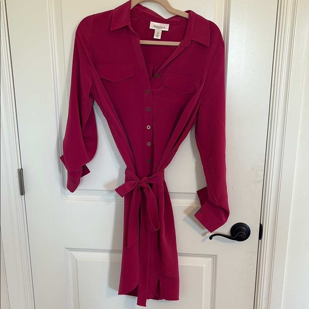Magenta Button-Up Dress with Belt